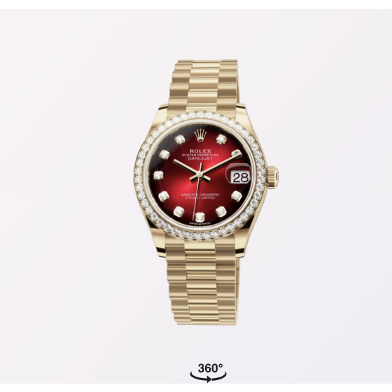 Datejust series, gradient red diamond-set bezel, 31mm, all-gold bracelet.
